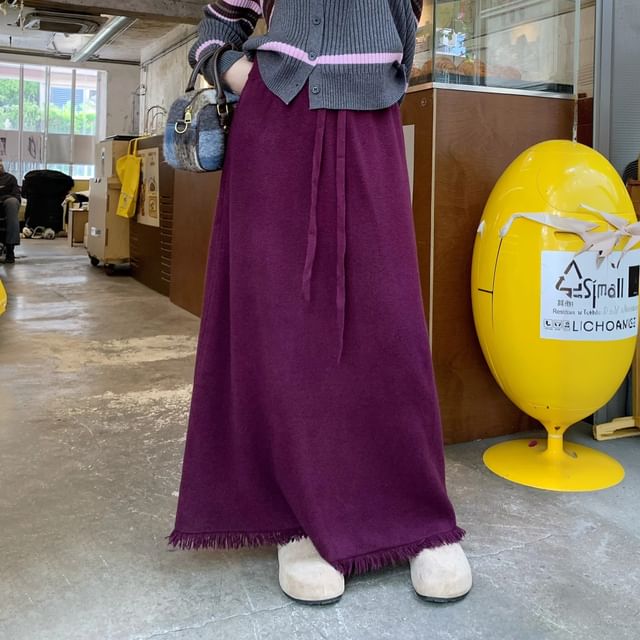 High-Waist Tassel Trim Midi Knit Skirt