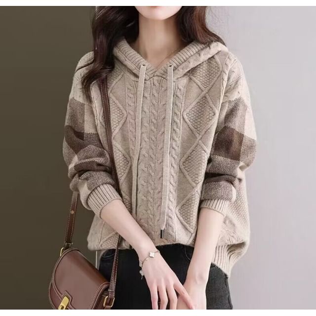 Plaid Hoodie with Cable Knit V-Neck Detail