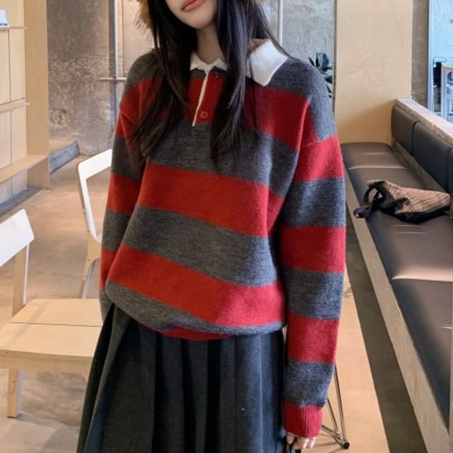Henley Striped Sweater & Pleated Maxi Skirt Two-Piece Set