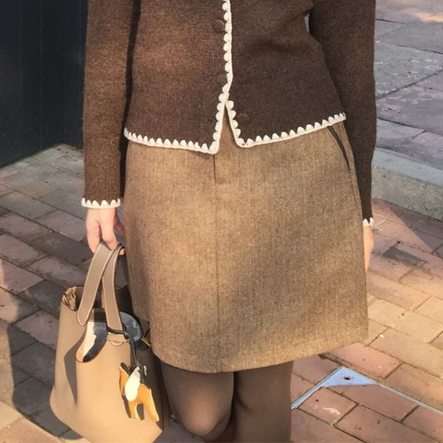 Asymmetrical Contrast Trim Cardigan & Mini Skirt Set