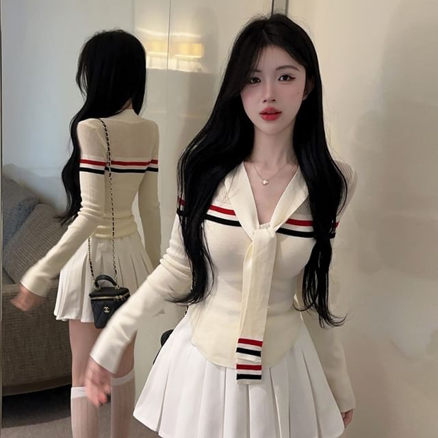 Striped Knit Long Sleeve Top and Pleated Mini Skirt