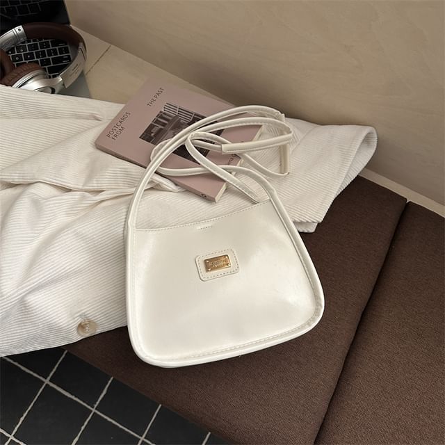 Faux Leather Metal Plaque Shoulder Bag