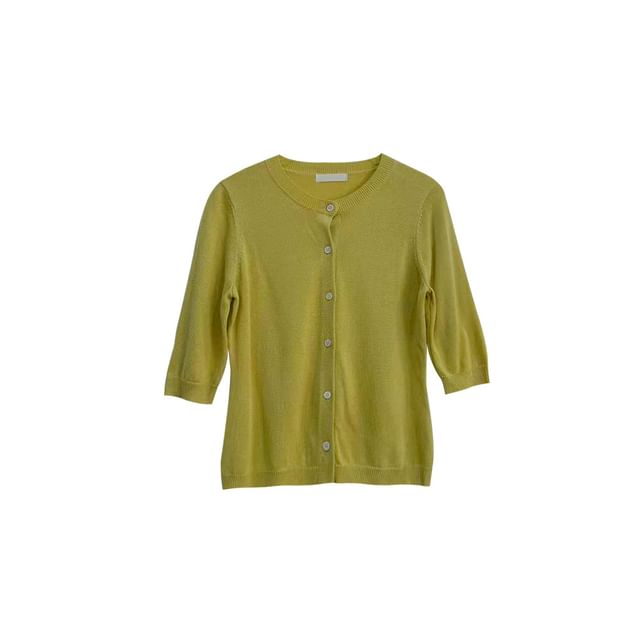 Elbow-Sleeve Crew Neck Cardigan with Buttons, Crop