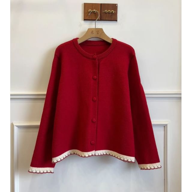 Crew Neck Plain Ruffle Cardigan
