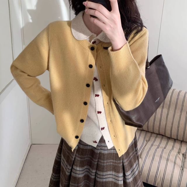 Mock Two-Piece Peter Pan Collar Two Tone Button-Up Cardigan