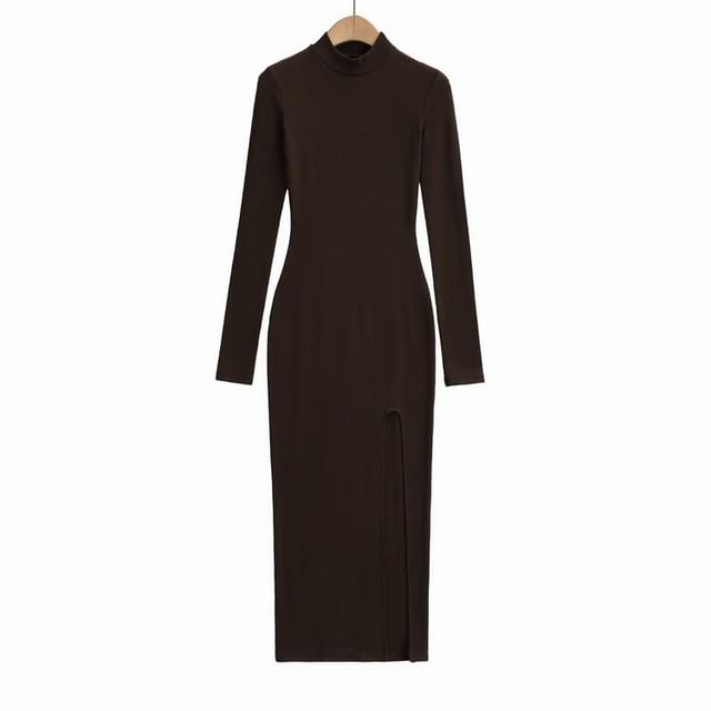 Long-Sleeve Mock Neck Slit Hem Plain Maxi Sheath Dress