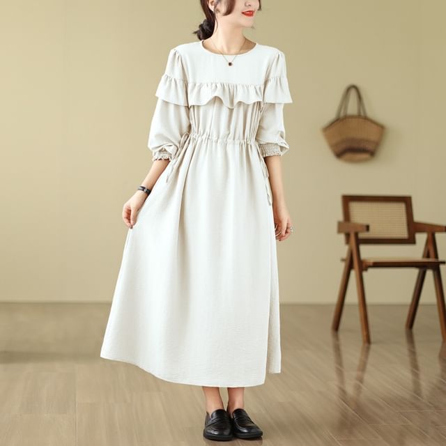 Long Sleeve Round Neck Plain Ruffle Maxi A-Line Dress