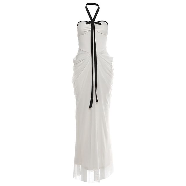 Halter Neck Contrast Trim Maxi Sheath Dress