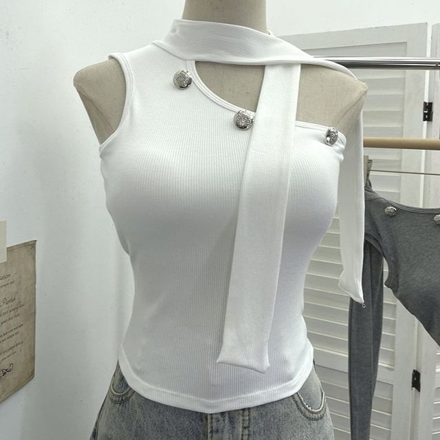 Asymmetrical Mock Neck Sleeveless Top