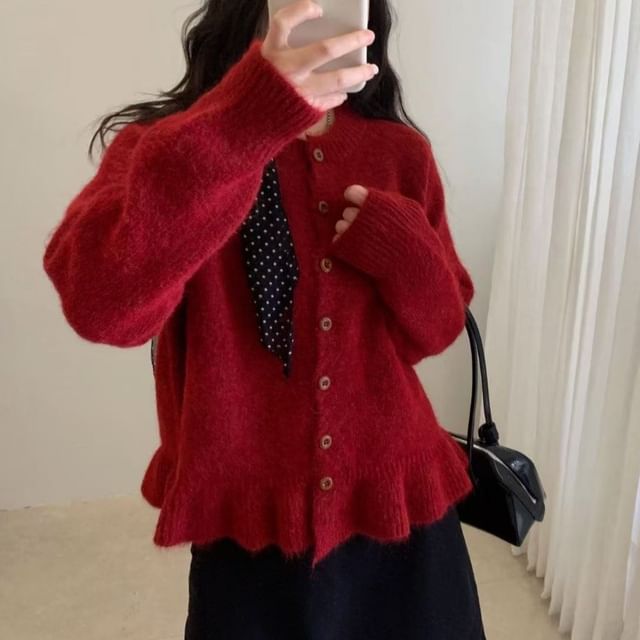 Button-Up Plain Crop Cardigan