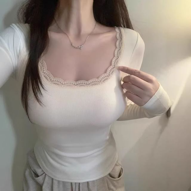 Square Neck Long Sleeve Lace Trim Top