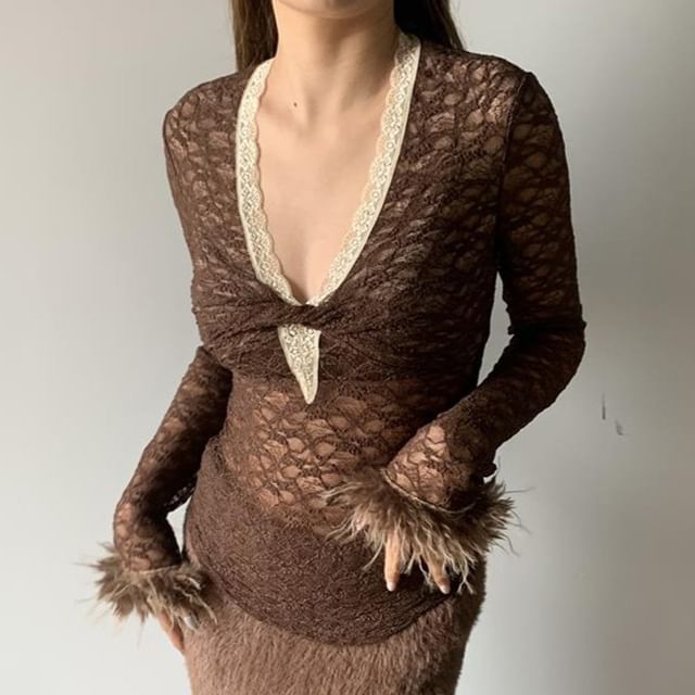 Fluffy Cuff Lace-Trimmed V-Neck Long-Sleeve Tee