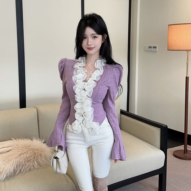 Ruffle-Trim Long-Sleeve Lace Crop Top, V-Neck