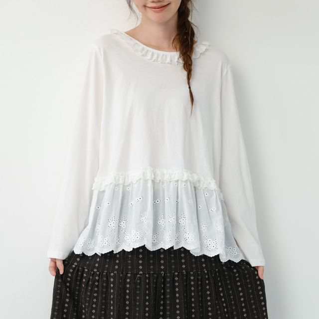 Drop Shoulder Round Neck Lace Panel T-Shirt