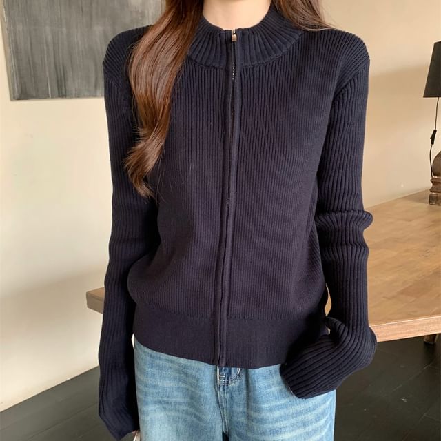 Mock Neck Plain Ribbed Zip Cardigan