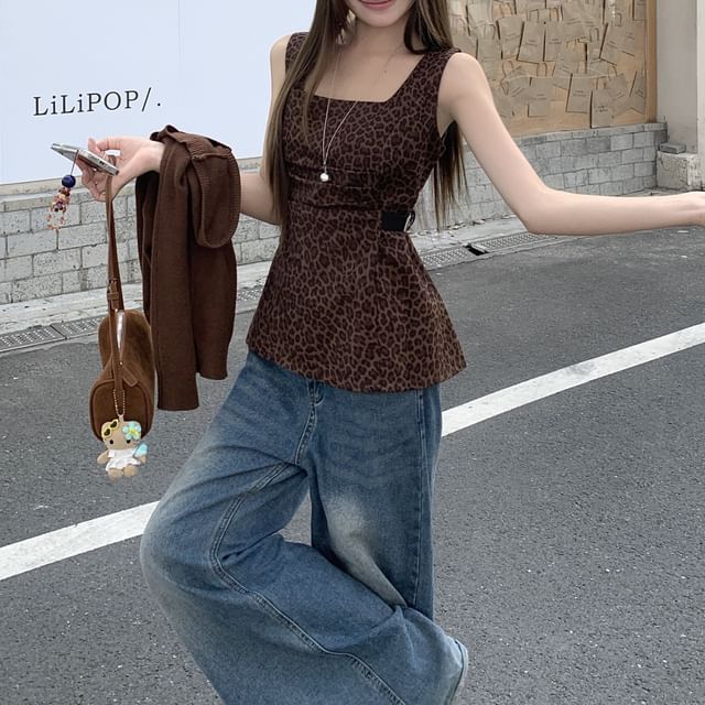 Sleeveless Square Neck Leopard Print Top / V-Neck Plain Crop Cardigan