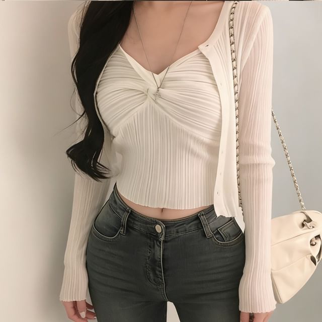 Set: V-Neck Plain Knit Crop Camisole Top + Cardigan