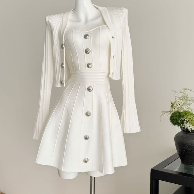 Set: Strapless Button Detail Mini A-Line Knit Dress + Button-Up Cardigan