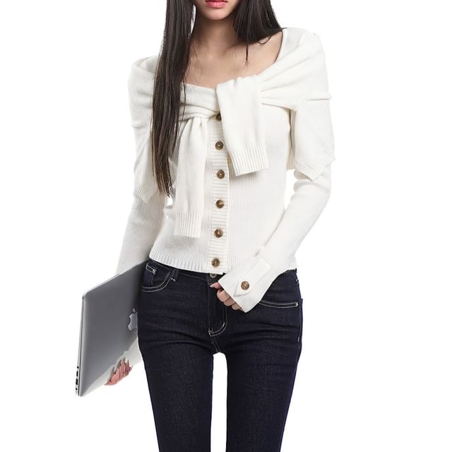 Mock Two-Piece Scoop Neck Button-Up Plain Crop Cardigan