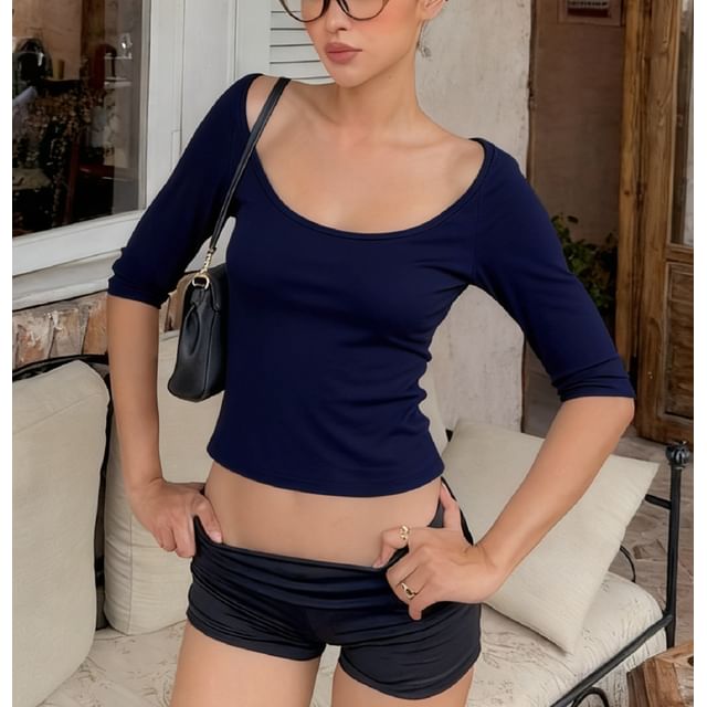 Scoop Neck Fitted Tee, Elbow-Length Sleeves