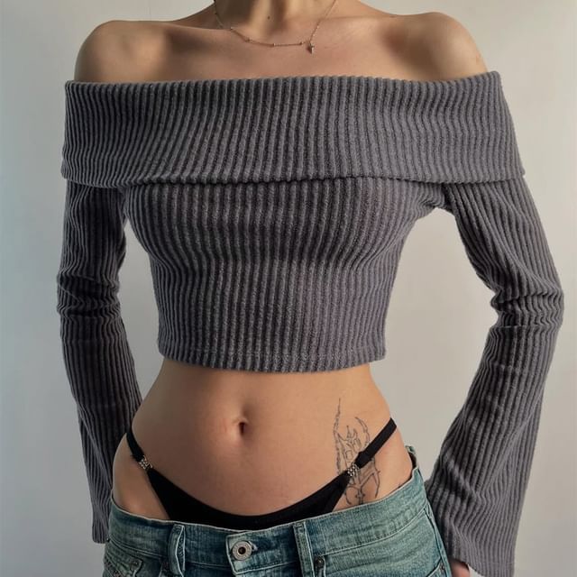 Ribbed Knit Off-Shoulder Crop Top, Long Sleeves