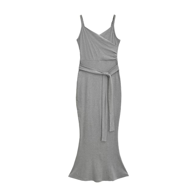 Spaghetti Strap V-Neck Plain Wrap Maxi Bodycon Dress