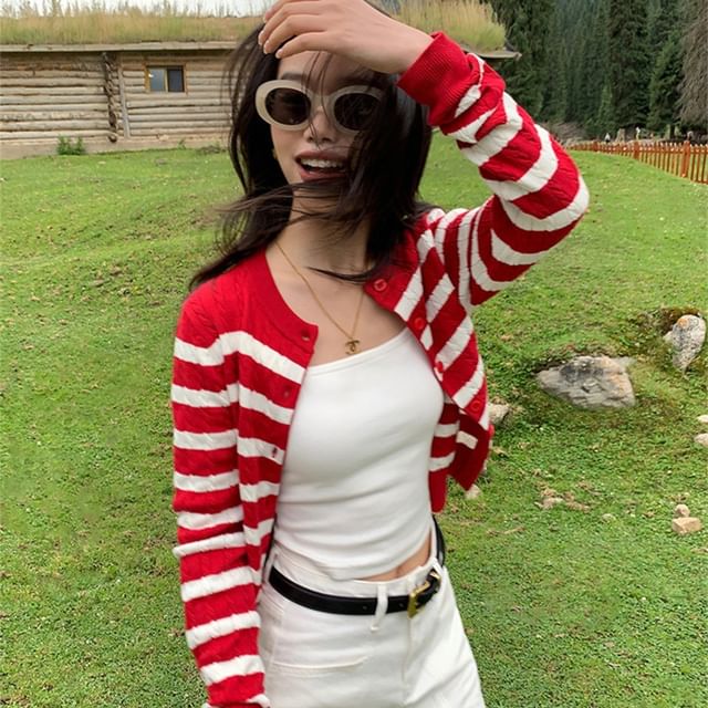 Round Neck Striped Button Up Cardigan