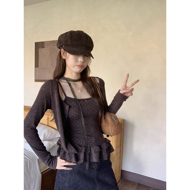 Set: Plain Button-Up Crop Cardigan + Micro Dot Lace Trim Ruffle Hem Camisole Top