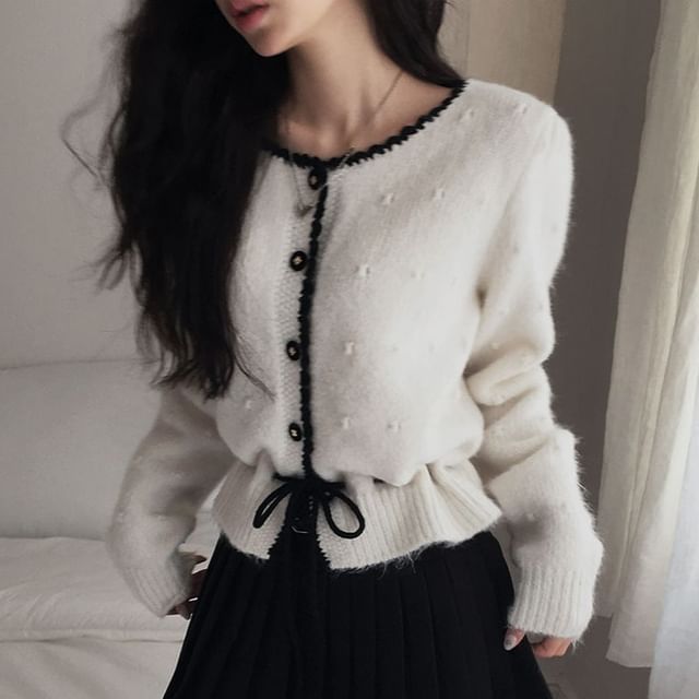 Contrast Trim Drawstring Button-Up Cardigan