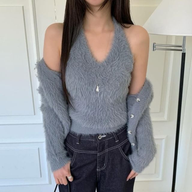 Set: V-Neck Fluffy Button-Up Plain Cardigan + Halter Neck Top