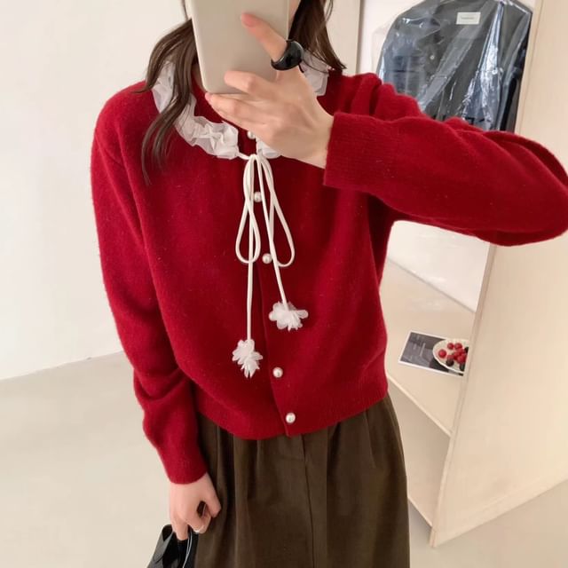 Mesh Ruffle Faux Pearl Button-Up Cardigan