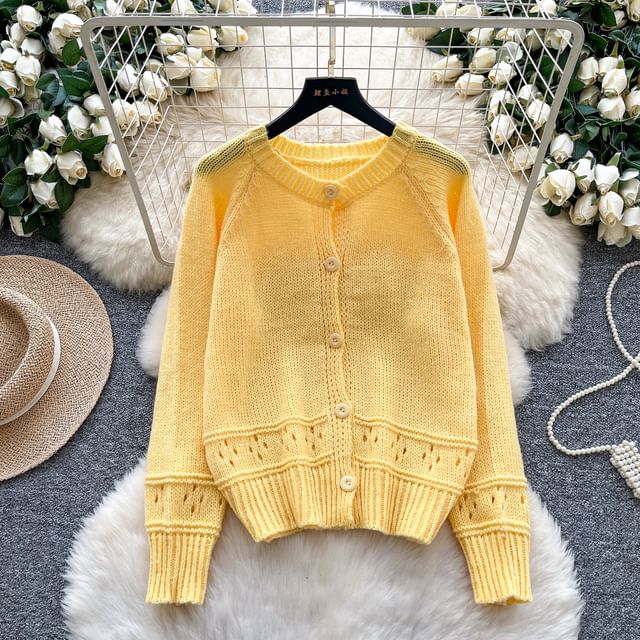 Crewneck Button-Up Plain Cardigan