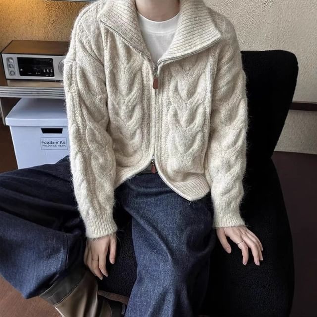 Stand Collar Plain Cable Knit Zip Cardigan