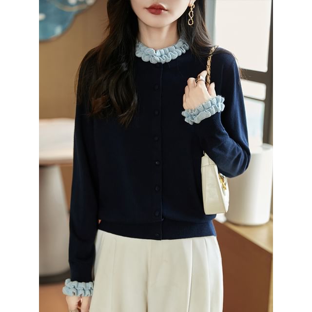 Stand Collar Contrast Frill Trim Button-Up Cardigan