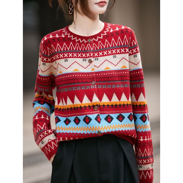 Crew Neck Nordic Jacquard Button-Up Cardigan