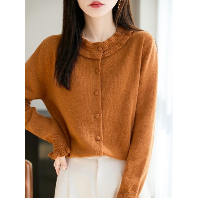 Crew Neck Frill Trim Button-Up Plain Cardigan