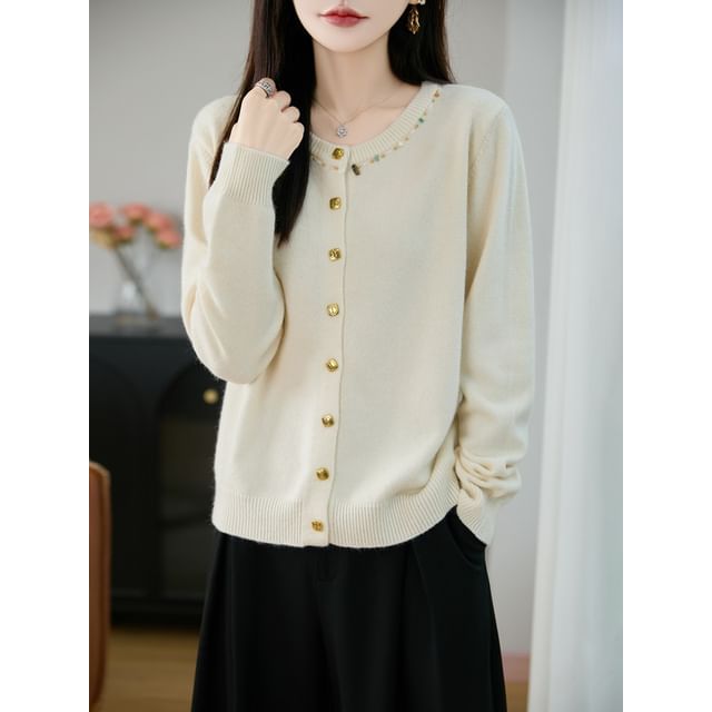 Crew Neck Embellished Button-Up Cardigan