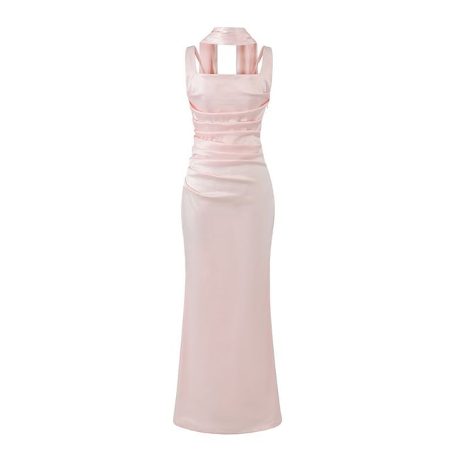 Set: Sleeveless Square Neck Plain Ruched Maxi Mermaid Dress + Scarf