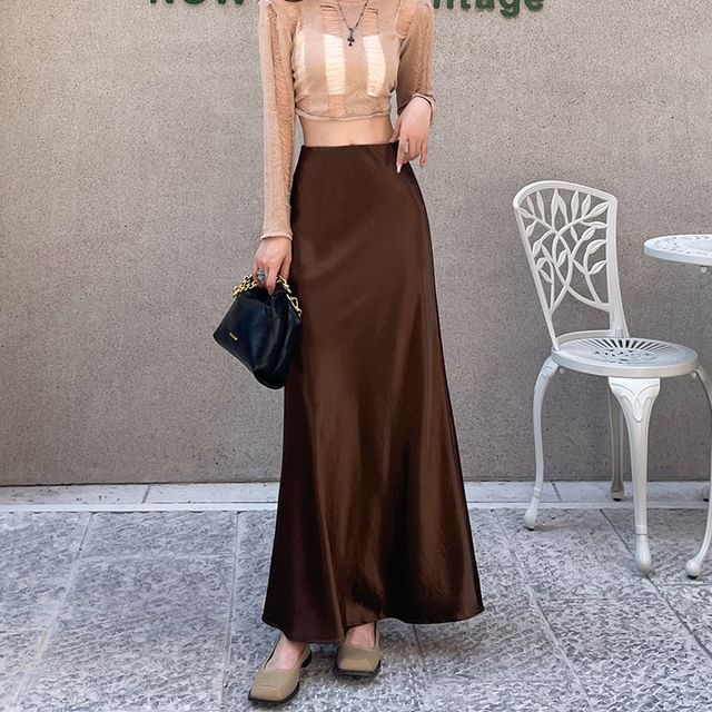 Satin Maxi Mermaid Skirt - High Waist Plain