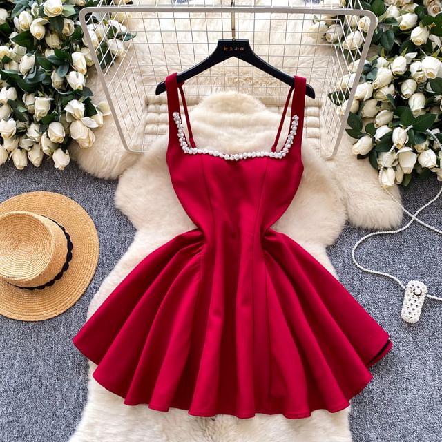 Spaghetti Strap Square Neck Plain Faux Pearl Mini A-Line Dress