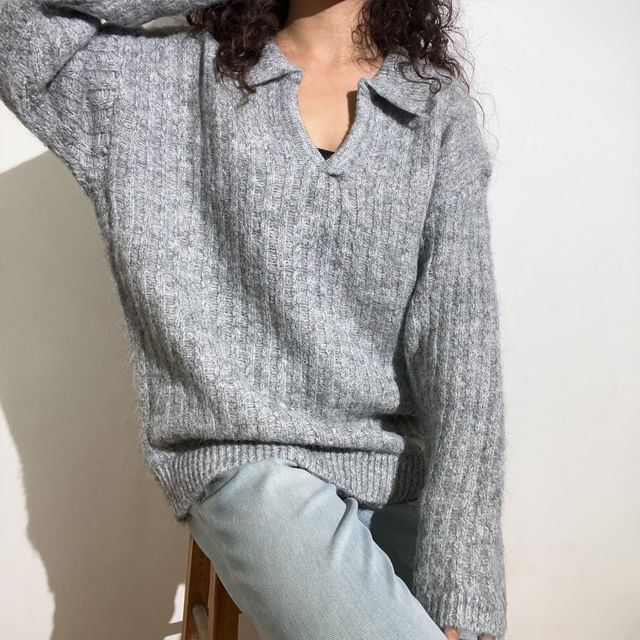 Long-Sleeve Ribbed Knit Polo Shirt