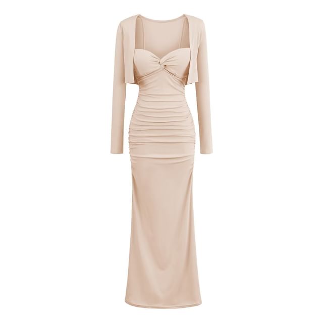 Set: Spaghetti Strap Plain Ruched Padded Maxi Sheath Dress + Open Front Bolero Cardigan