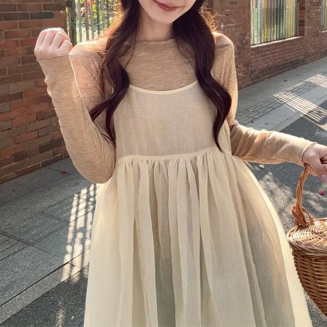Spaghetti Strap Plain Gathered Midi A-Line Dress / Long Sleeve Mock Neck Plain Top