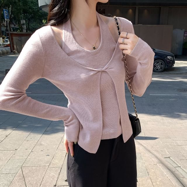 Halter Neck Twisted Slit Knit Top with Mock Two-Piece Style