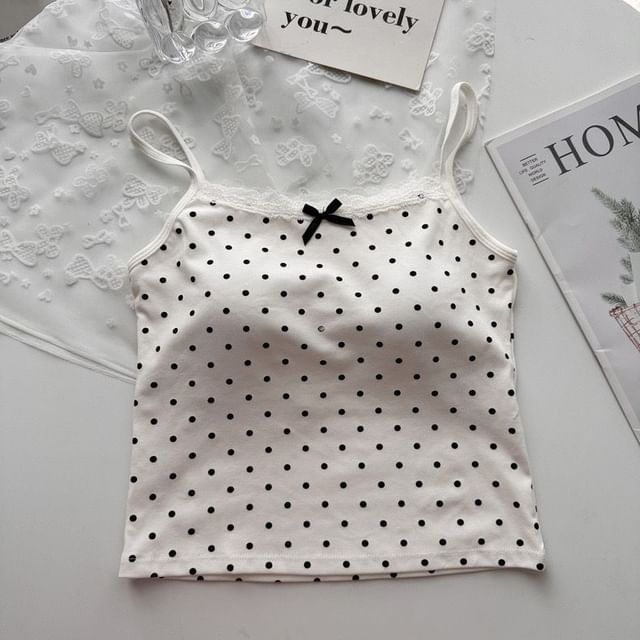 Dotted Lace Trim Scoop Neck Fitted Camisole