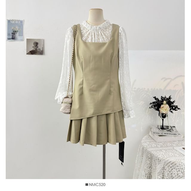 Long Sleeve Mock Two Piece Lace Panel Slim-Fit Top with High Waist Mini Pleated Skirt