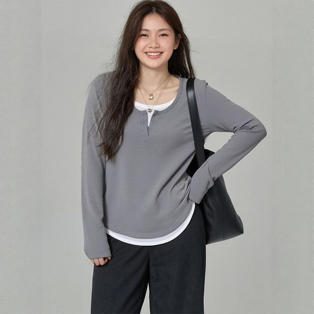 Mock Two-Piece Round Neck Tee with Long Sleeves