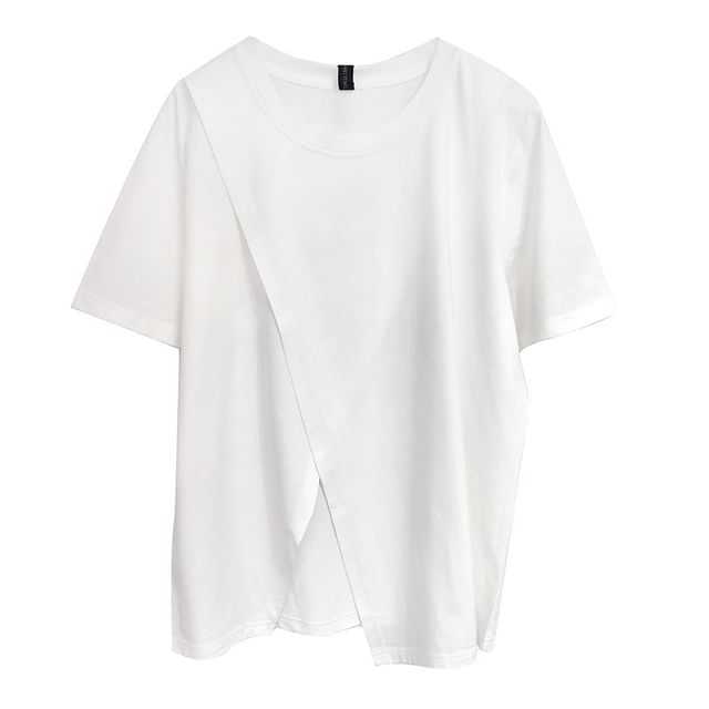 Slit Panel Round Neck Tee with Short Sleeves