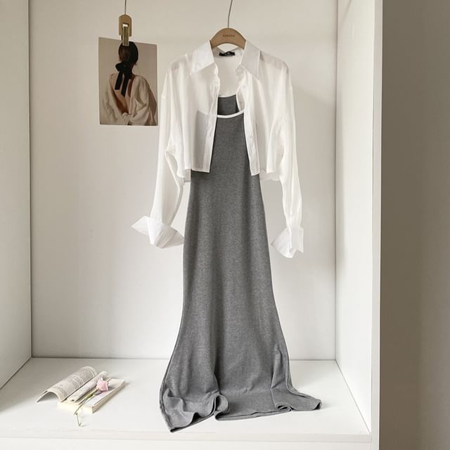 Set: Long-Sleeve Button-Up Plain Crop Shirt + Spaghetti Strap Contrast Trim Maxi Mermaid Dress