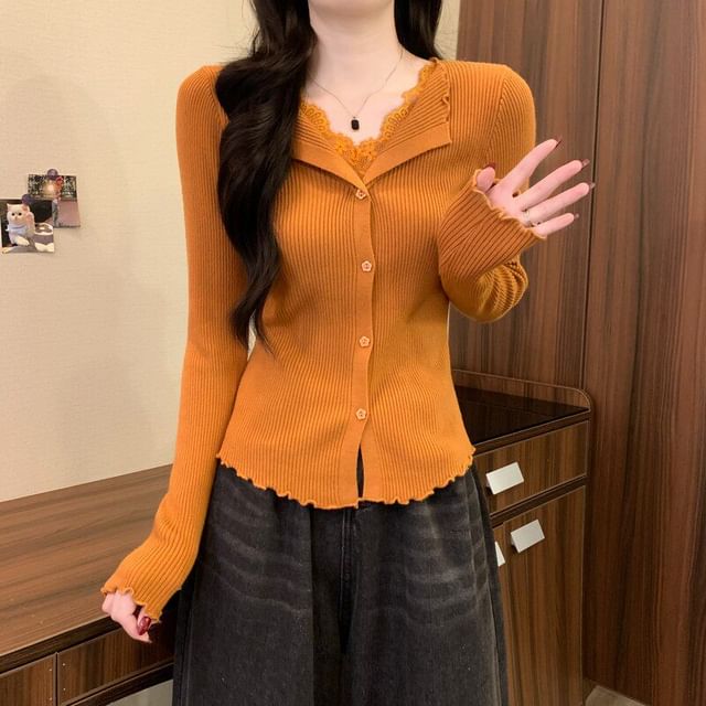 Ribbed Knit Long Sleeve V-Neck Lace Button Top